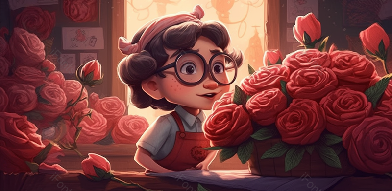 戴眼镜的小女孩整理花手绘场景,插画/手绘图,插画/手绘图库,插画/手绘图下载,插画/手绘